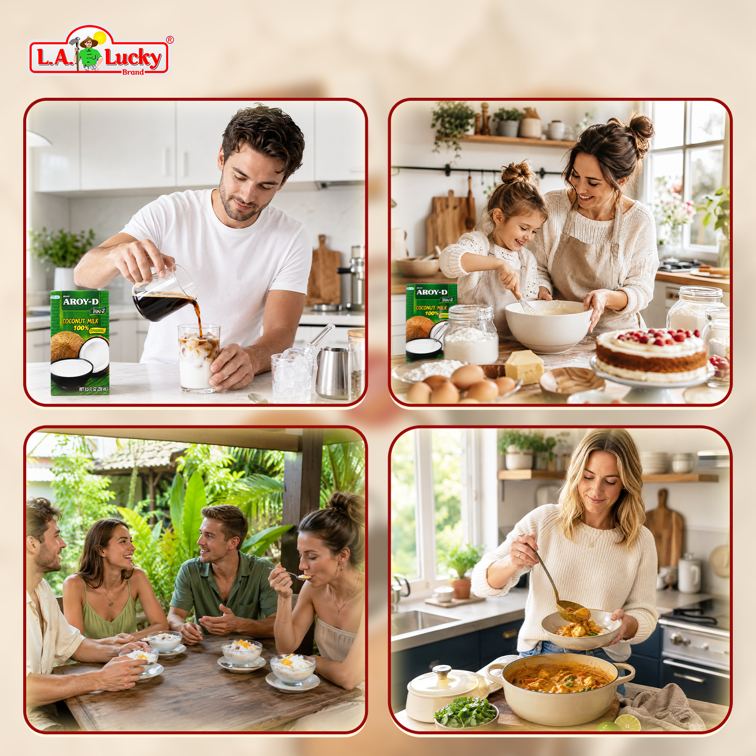 AROY-D 100% Coconut Milk serving ideas for coffee baking and curry