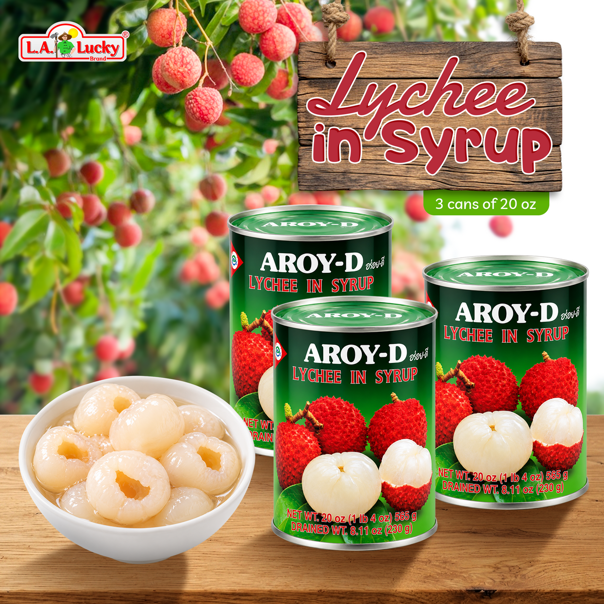 AROY-D Lychee in Syrup, pack of three 20 oz cans