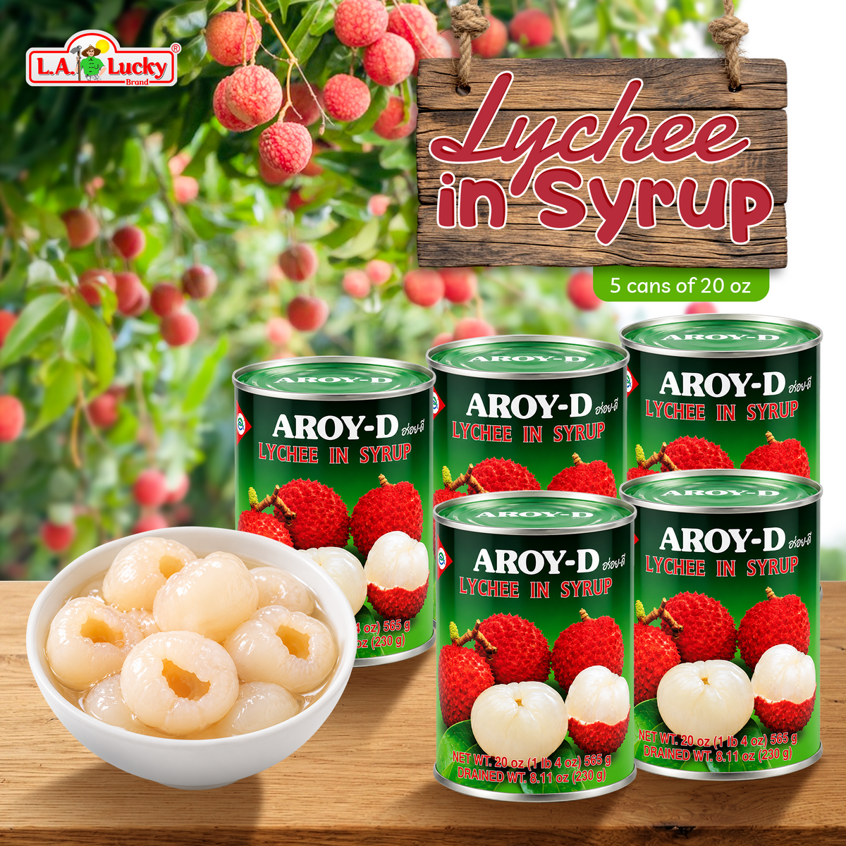 AROY-D Lychee in Syrup, pack of five 20 oz cans