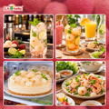 Lychee serving ideas with drinks, cheesecake, and shrimp salad