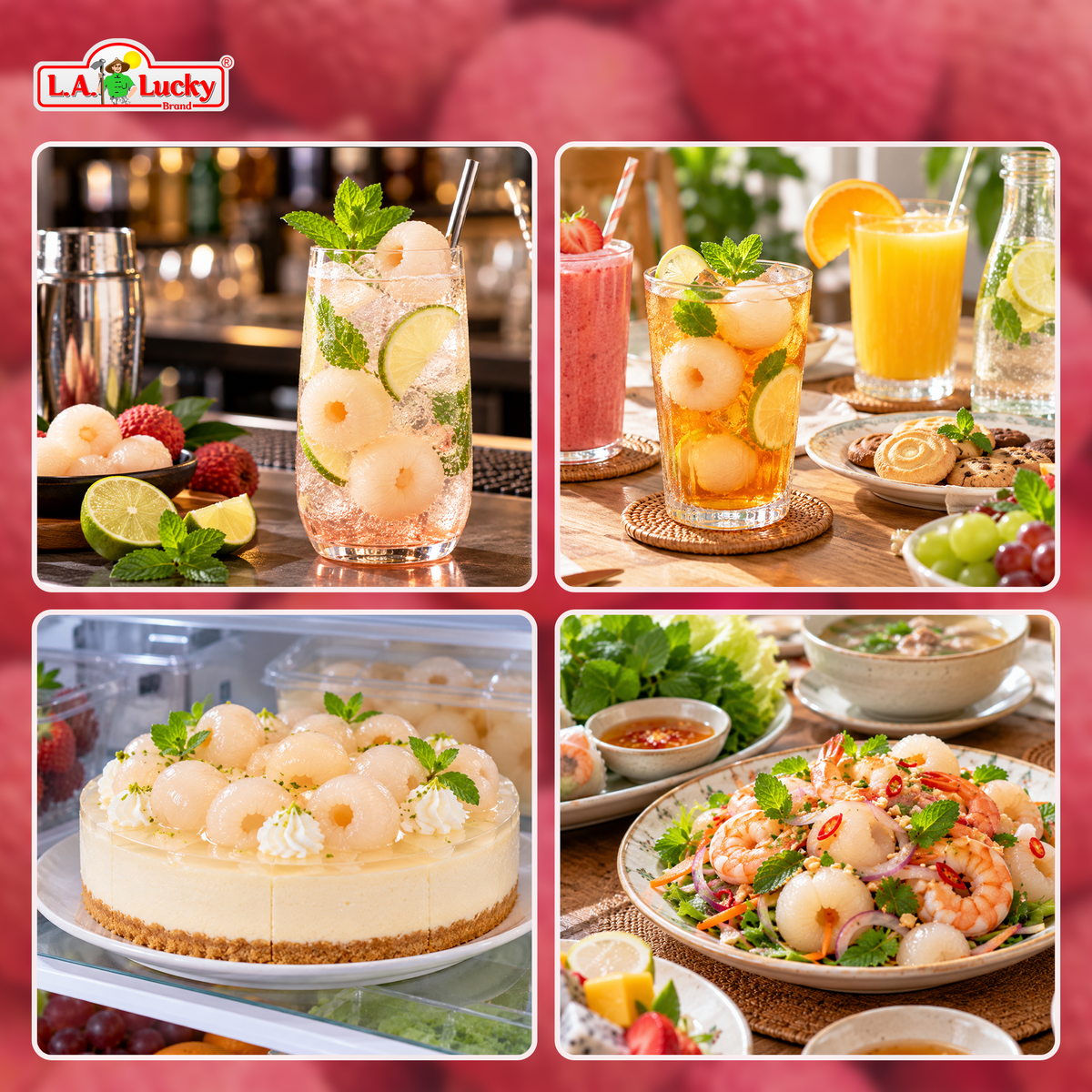 Lychee serving ideas with drinks, cheesecake, and shrimp salad