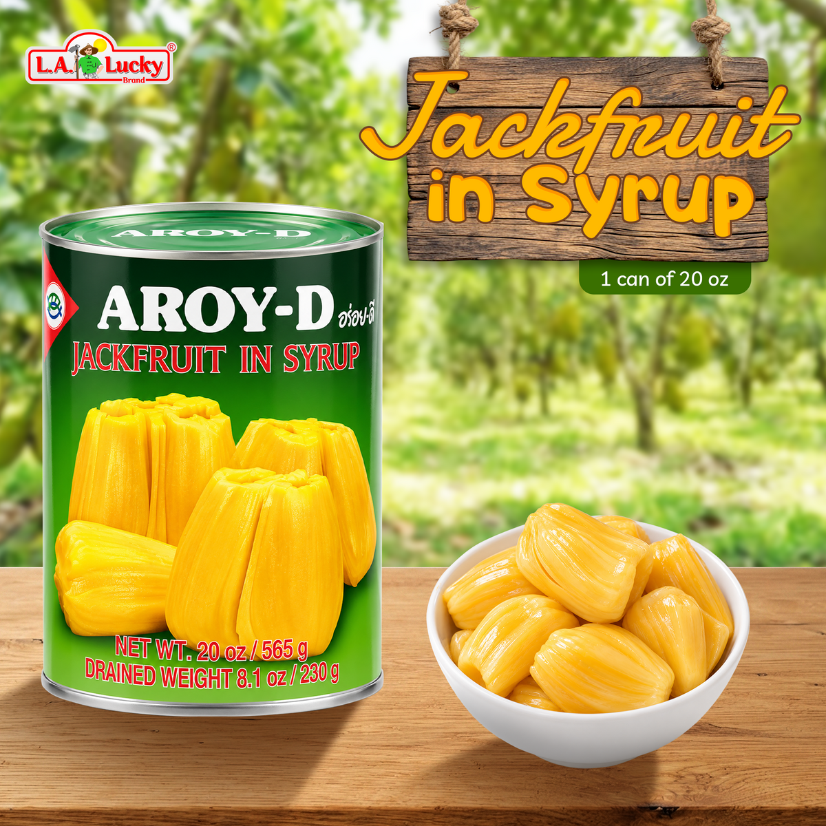 AROY-D Jackfruit in Syrup, one 20 oz can with golden jackfruit pieces