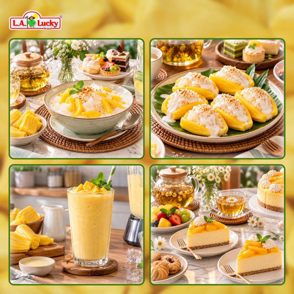 Jackfruit serving ideas with sweet soup, sticky rice, smoothie, and cheesecake
