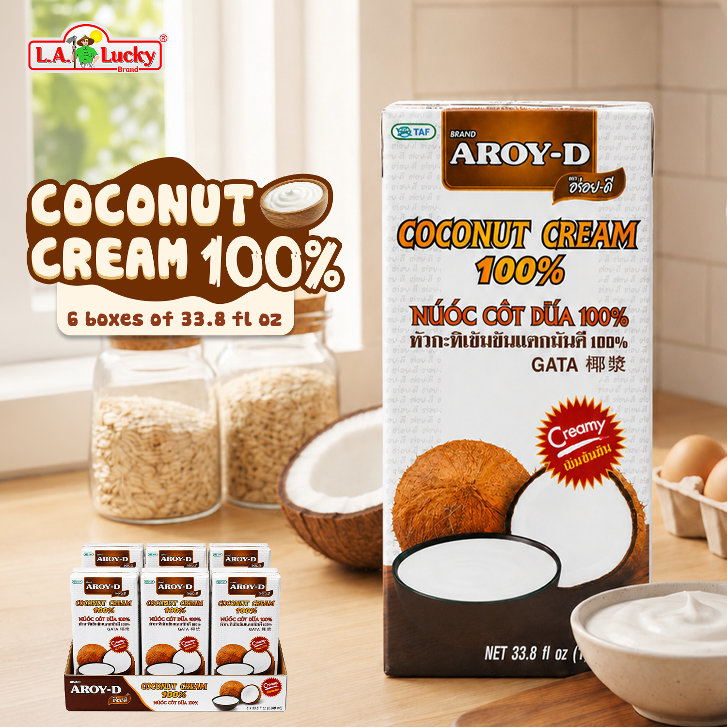 Aroy-D 100% Coconut Cream 1 L Pack of 6