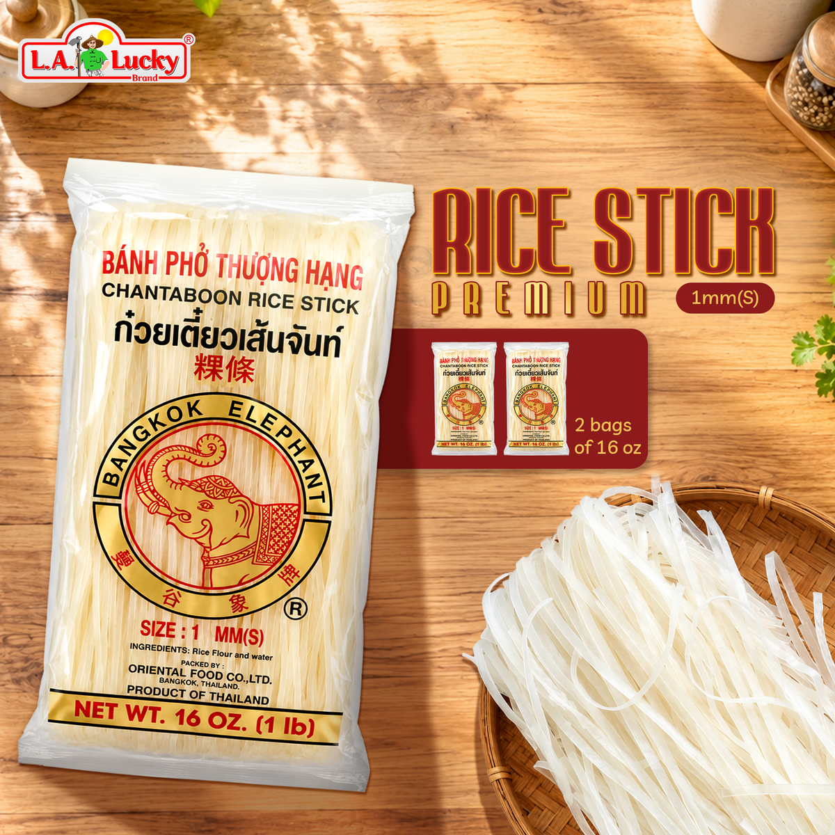 Bangkok Elephant rice stick noodles, two 16 oz bags