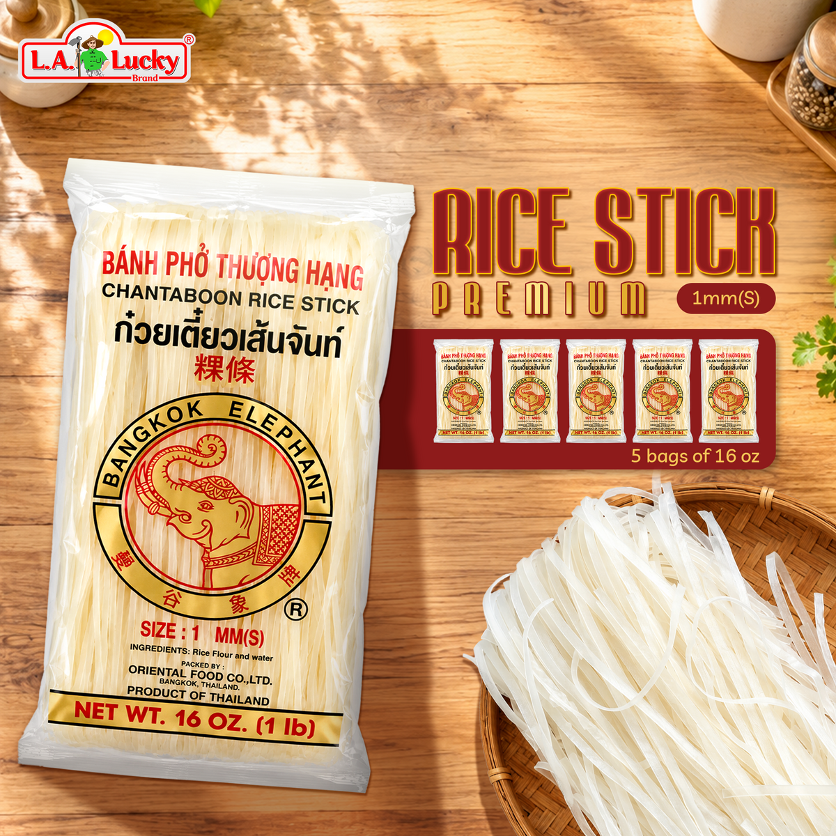 Bangkok Elephant rice stick noodles, five 16 oz bags