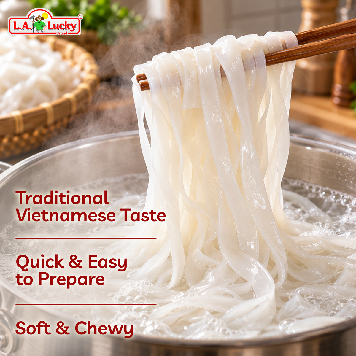 Bangkok Elephant rice stick noodles with soft, chewy cooked texture