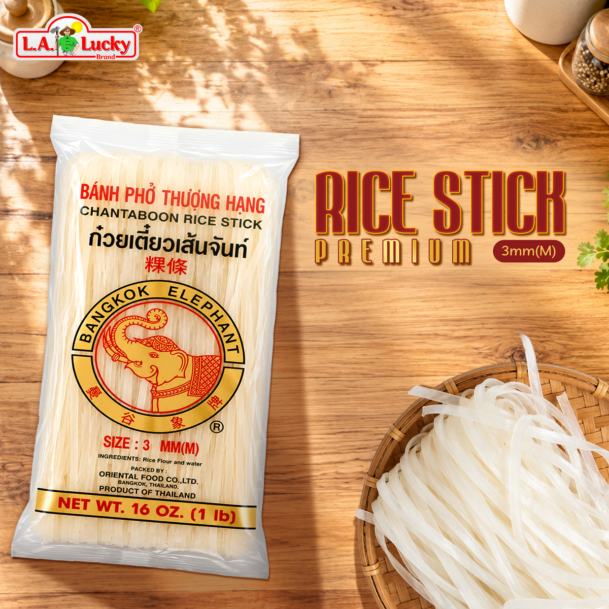 Bangkok Elephant 3 mm rice stick noodles, single 16 oz bag