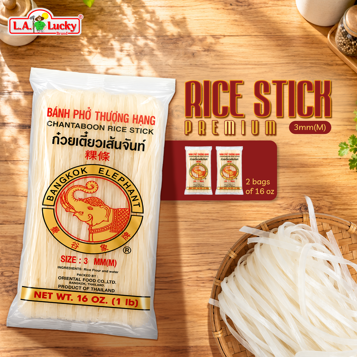 Bangkok Elephant rice stick noodles, two 16 oz bags