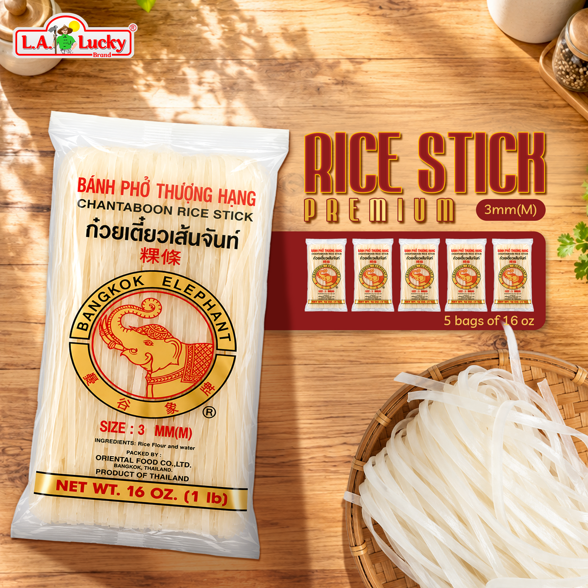 Bangkok Elephant rice stick noodles, five 16 oz bags