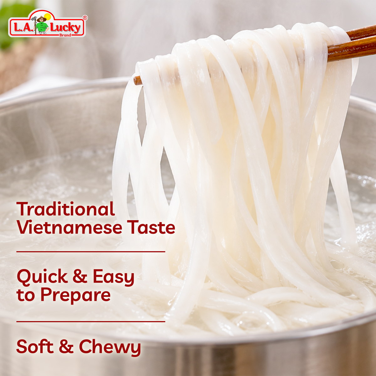 Bangkok Elephant rice stick noodles with soft, chewy cooked texture