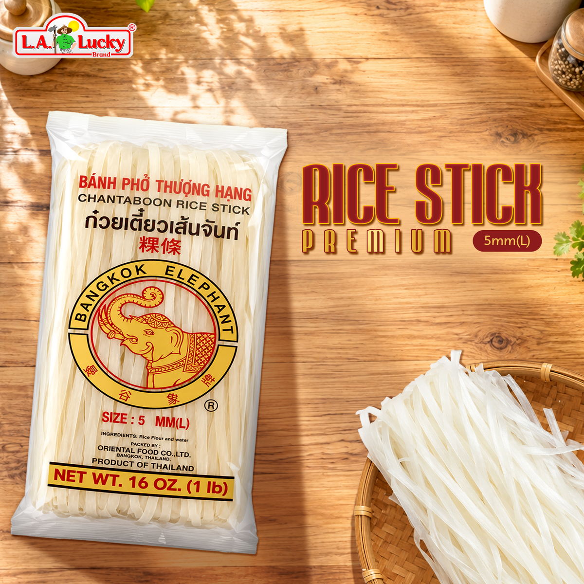 Bangkok Elephant 5 mm rice stick noodles, single 16 oz bag
