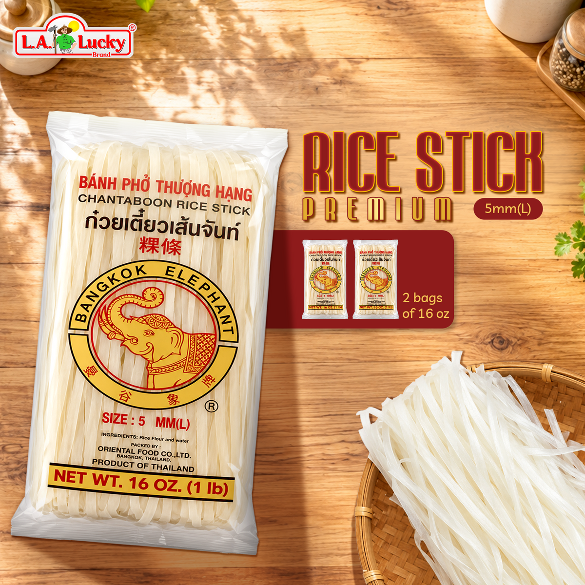 Bangkok Elephant rice stick noodles, two 16 oz bags