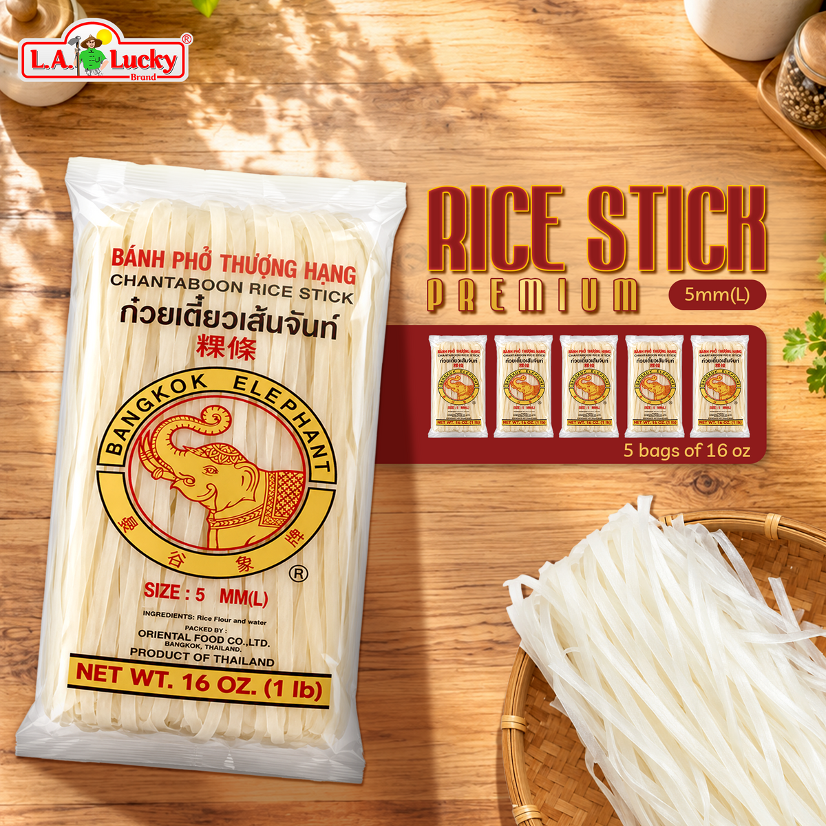 Bangkok Elephant rice stick noodles, five 16 oz bags