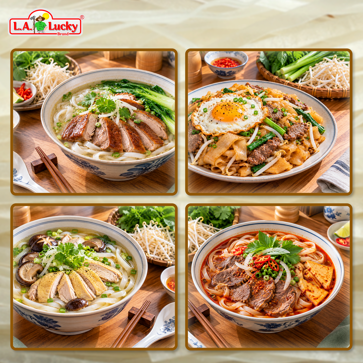 Rice stick noodles served in pho, stir-fry, and vegetable noodle bowls