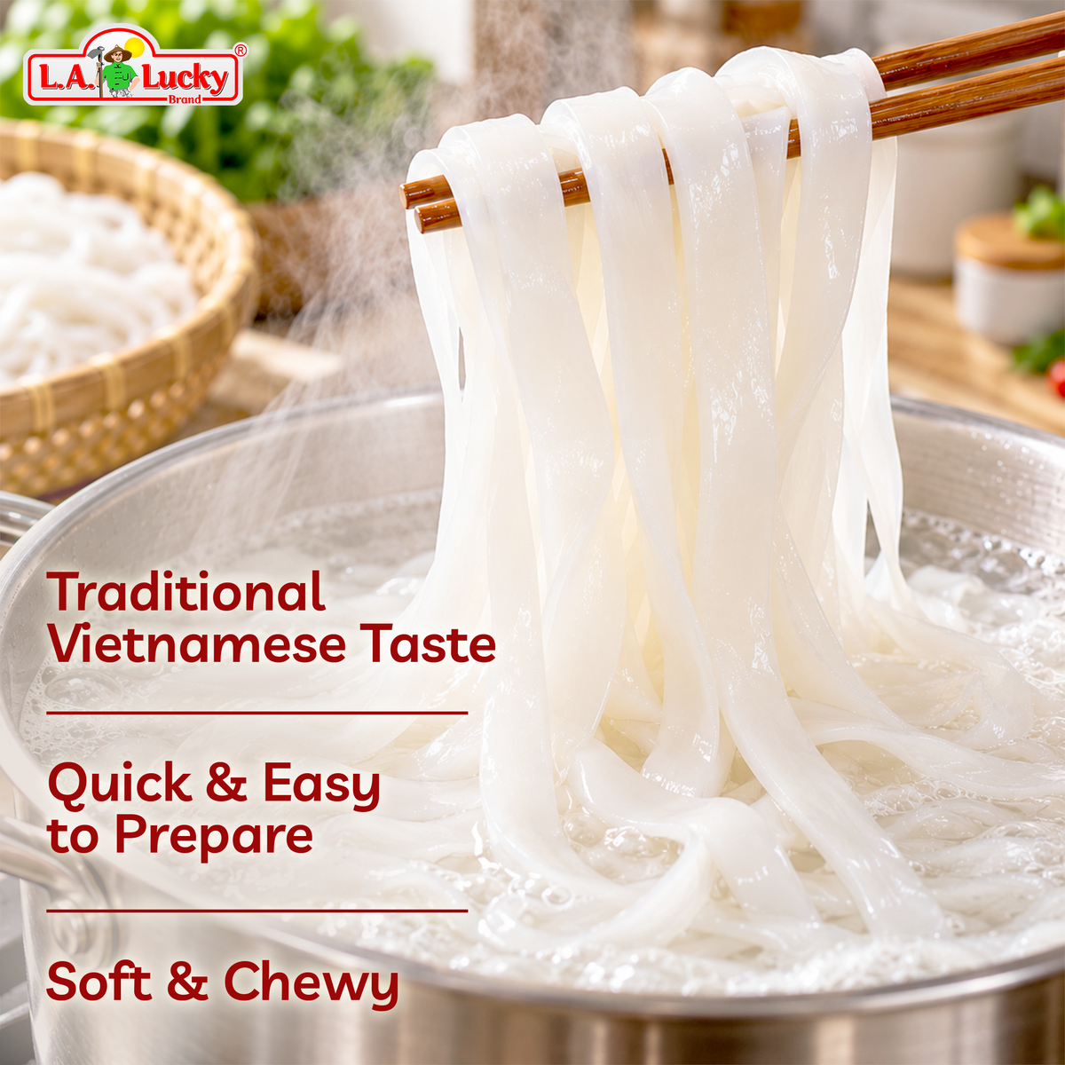 Bangkok Elephant rice stick noodles with soft, chewy cooked texture