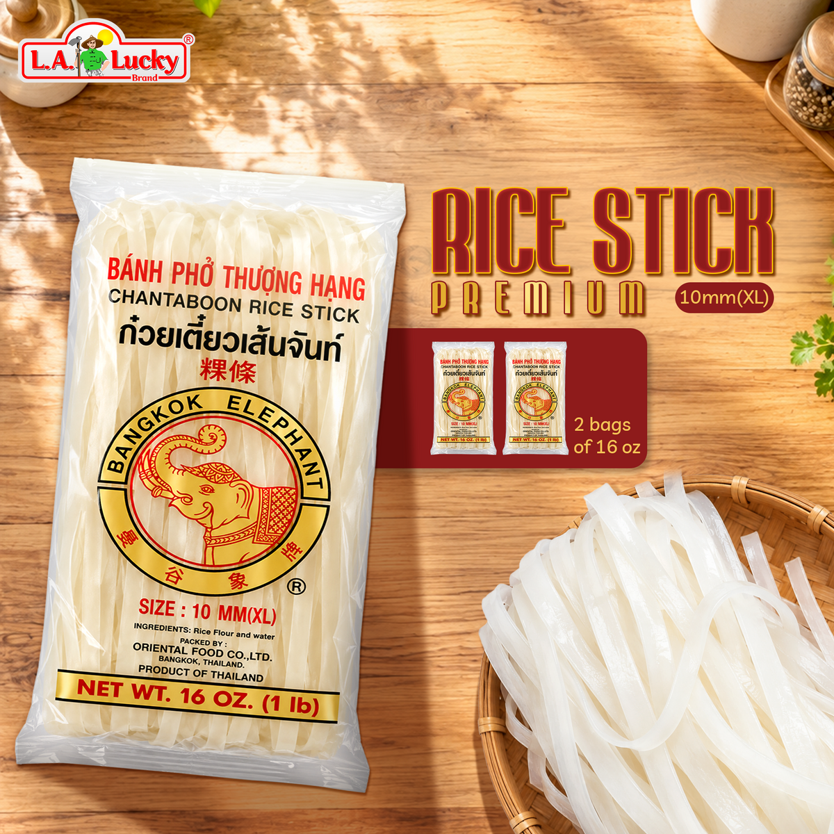 Bangkok Elephant rice stick noodles, two 16 oz bags