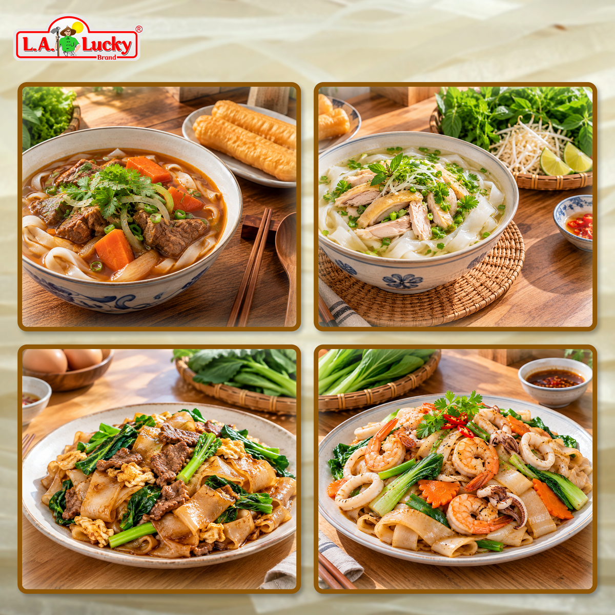 Rice stick noodles served in pho, stir-fry, and vegetable noodle bowls