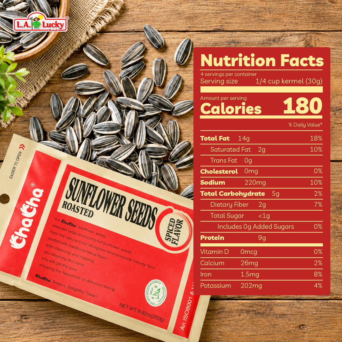 ChaCha Spicy Roasted Sunflower Seeds 250 g bag back