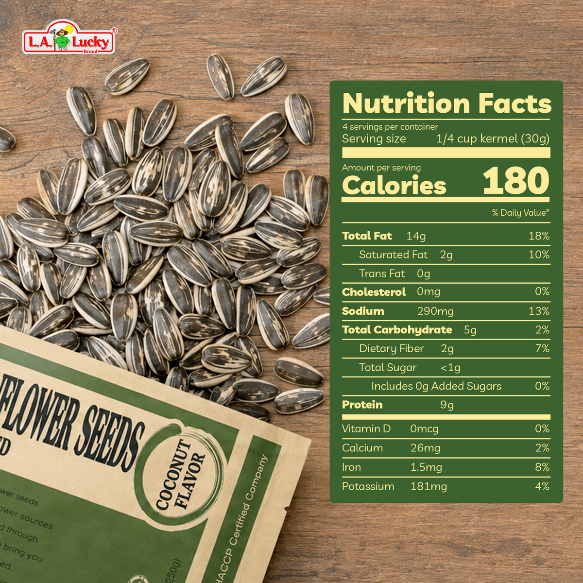 Nutrition facts panel for ChaCha Coconut Flavor Roasted Sunflower Seeds