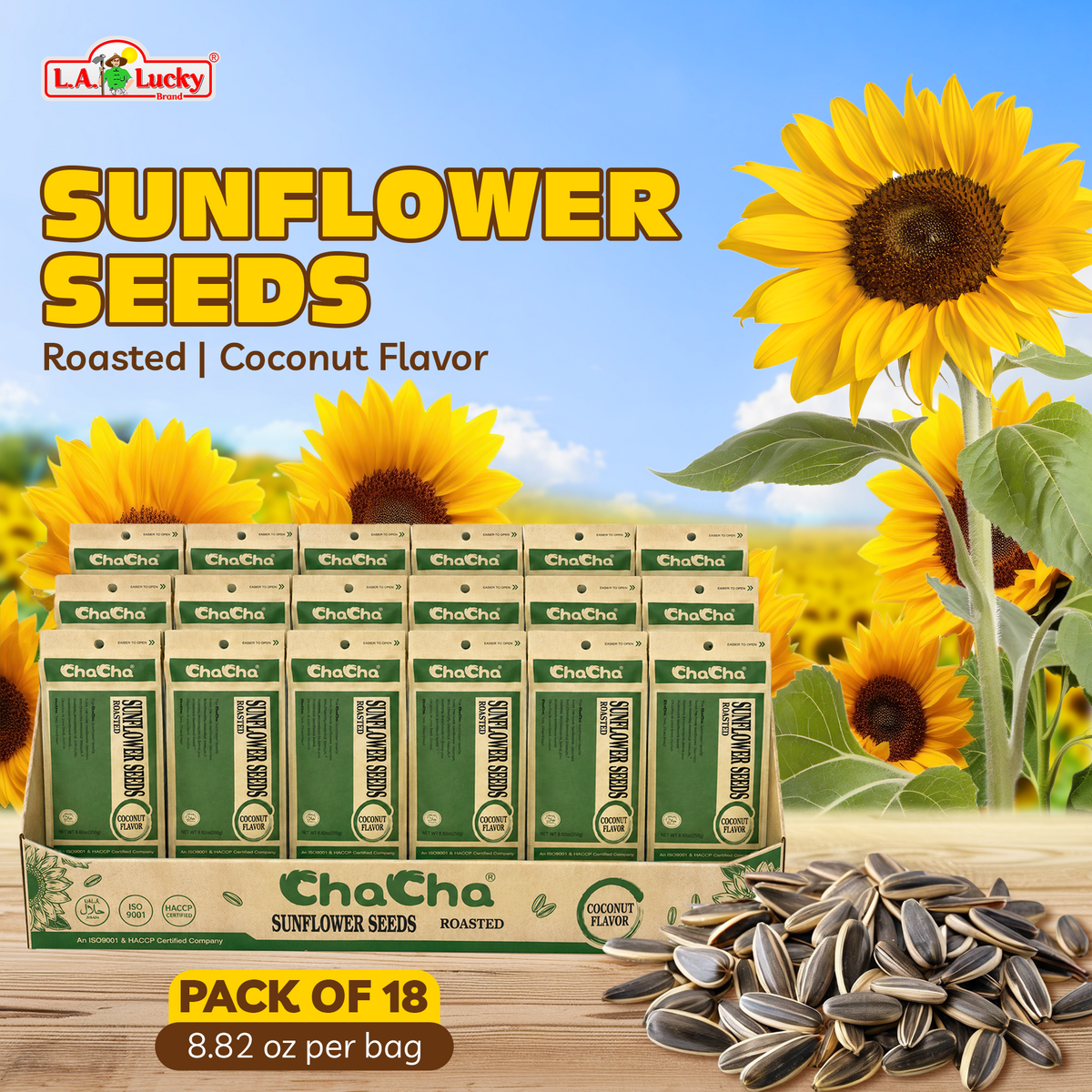 ChaCha Coconut Flavor Roasted Sunflower Seeds pack of 18, 250 g bags