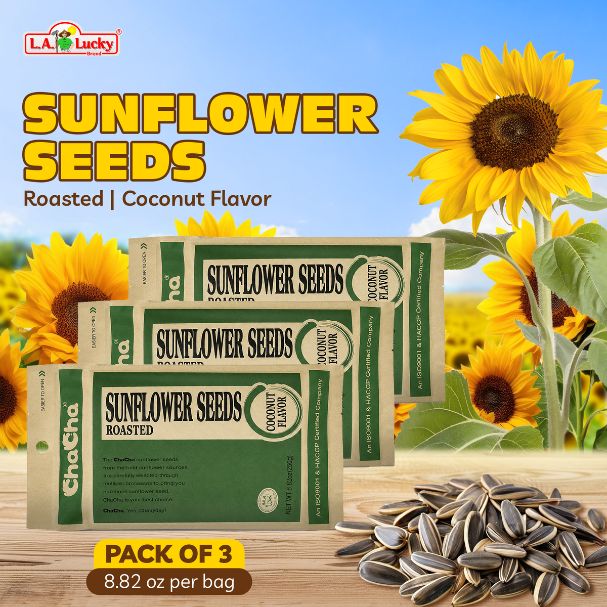 ChaCha Coconut Flavor Roasted Sunflower Seeds pack of 3, 250 g bags