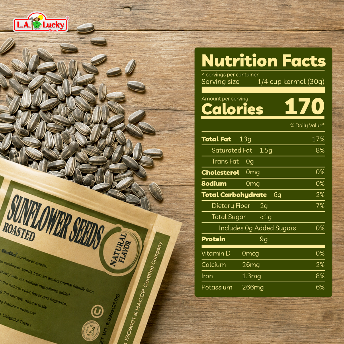 Nutrition facts panel for ChaCha Original Roasted Sunflower Seeds