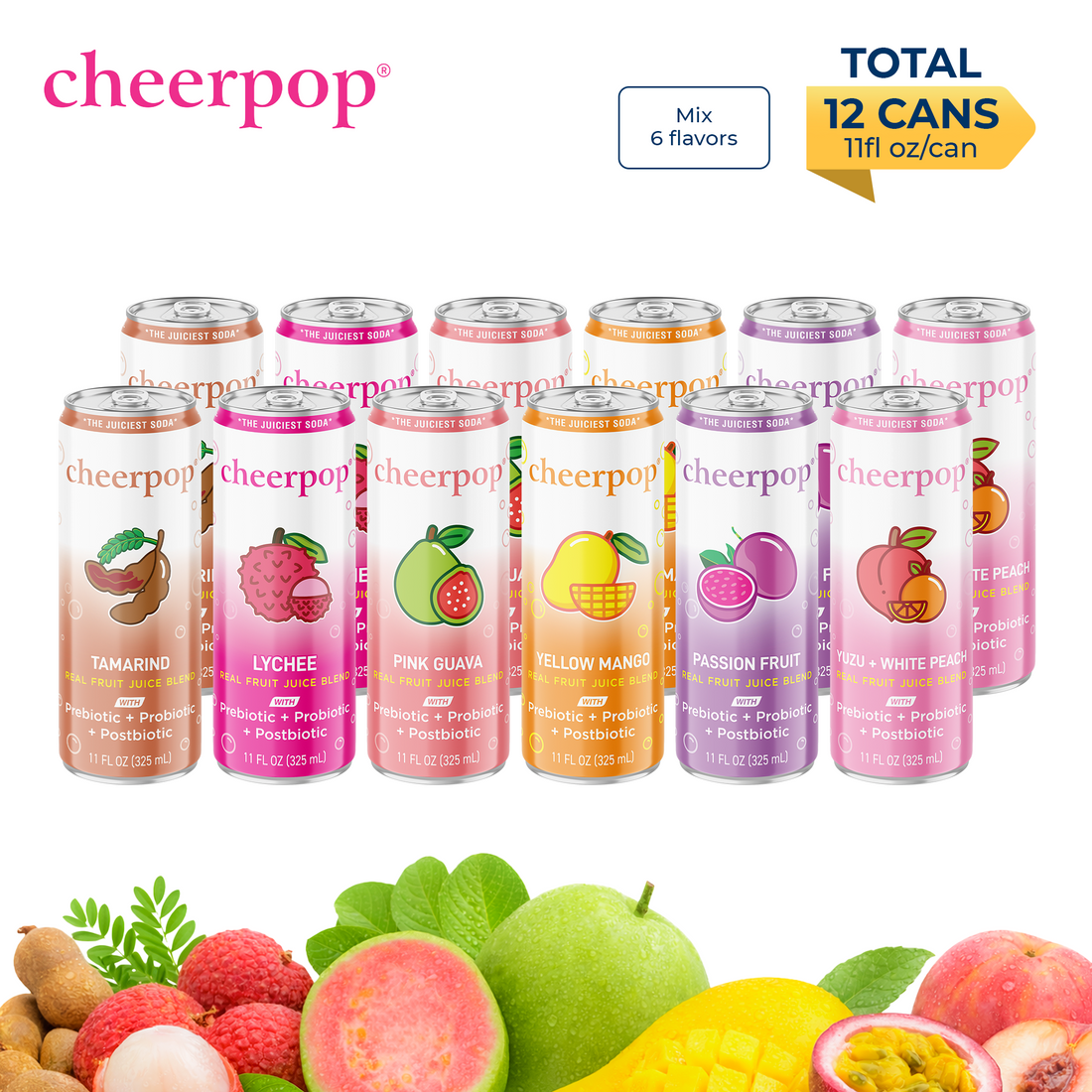 The Fruit Juice Soda: Passion Fruit/ Yellow Mango/ Lychee/ Pink Guava/ Tamarind/ Yuzu + White Peach
