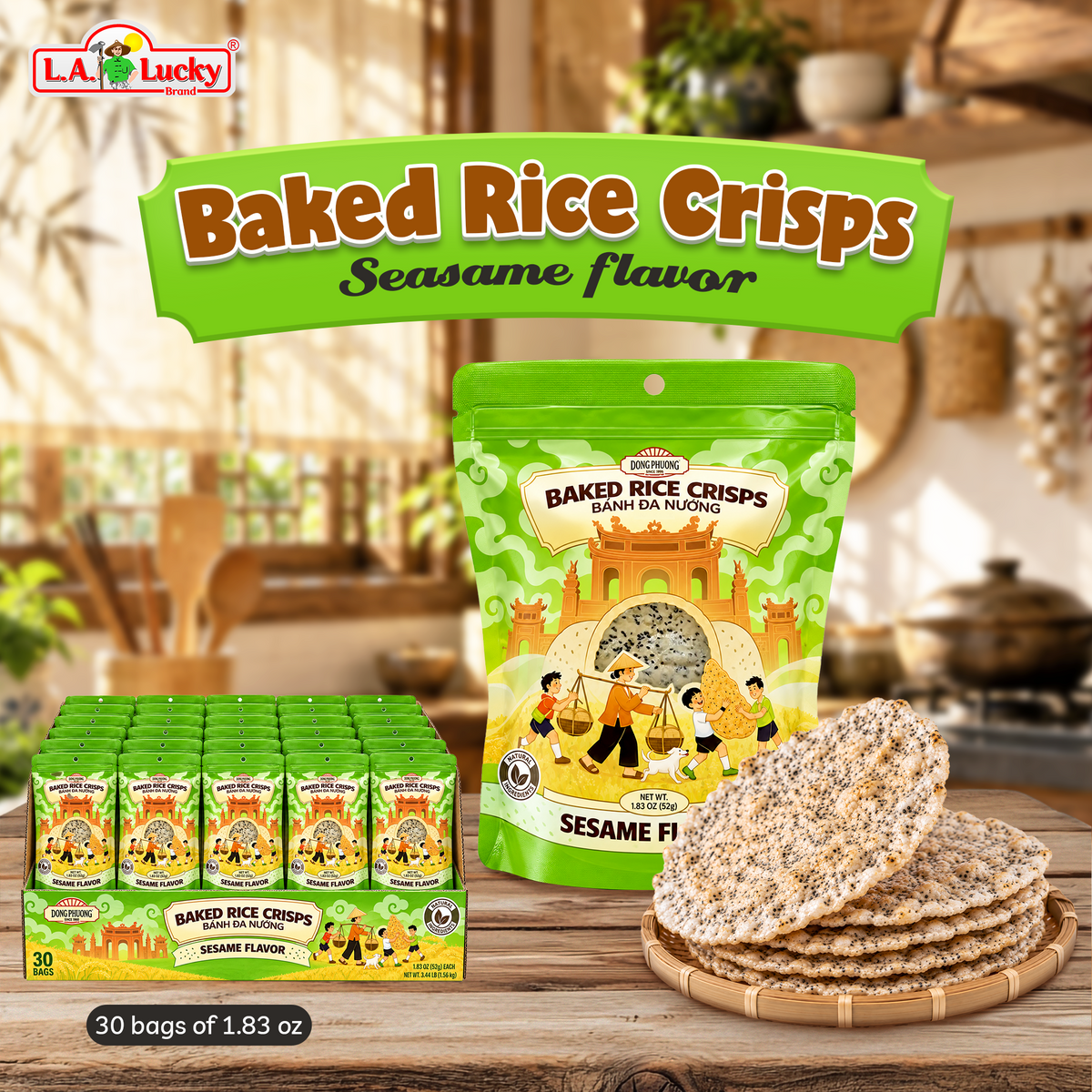 Dong Phuong Sesame Baked Rice Crisps, case of 30