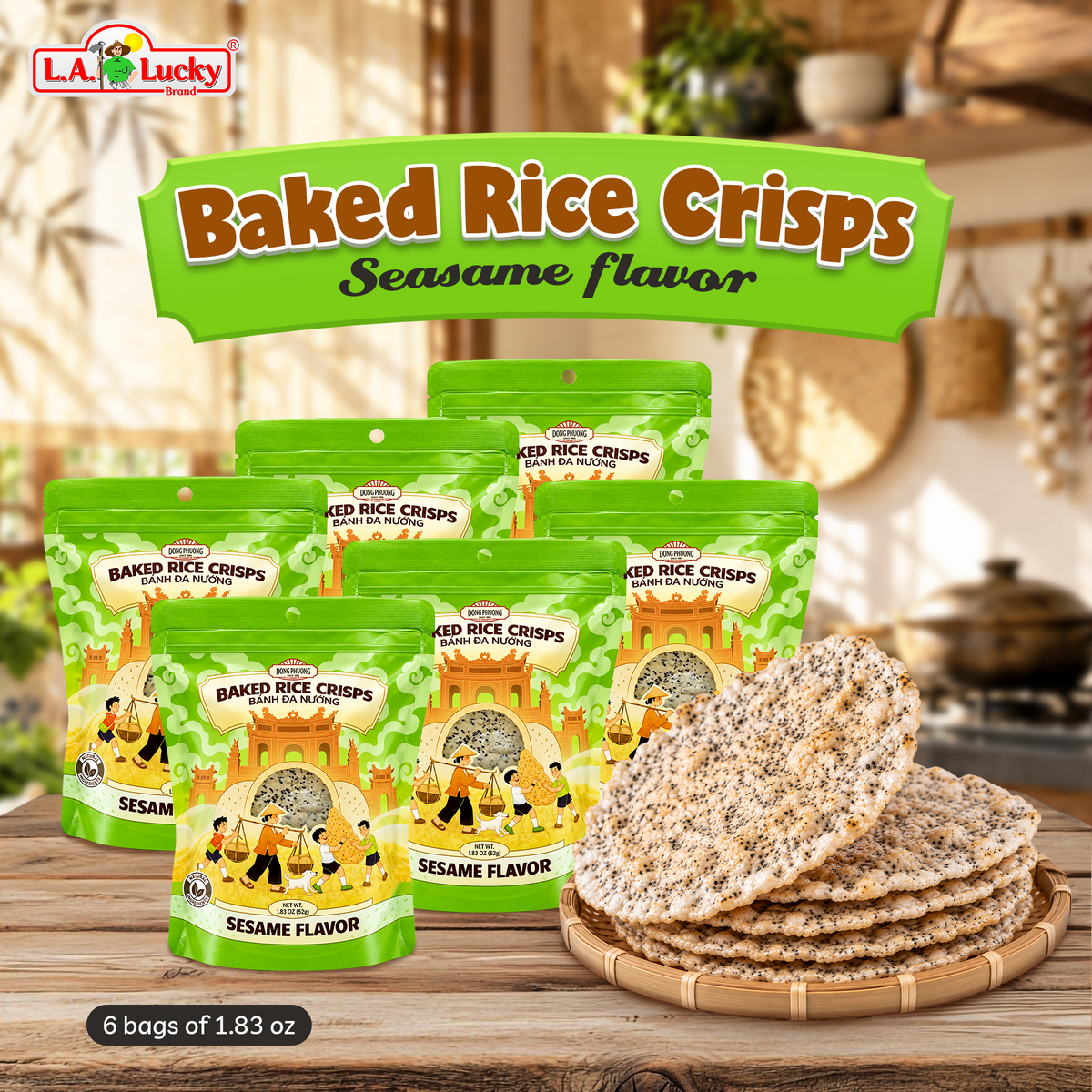 Dong Phuong Sesame Baked Rice Crisps, pack of 6
