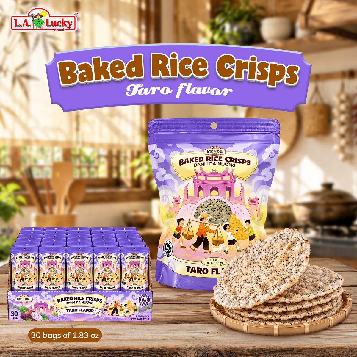 Dong Phuong Taro Baked Rice Crisps, case of 30