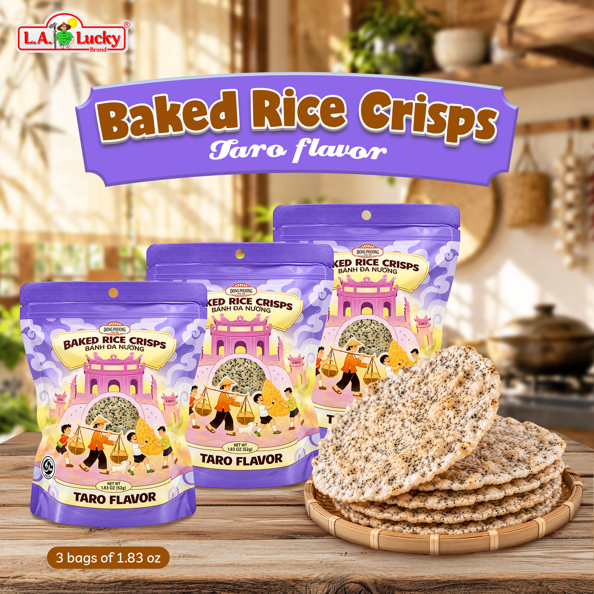 Dong Phuong Taro Baked Rice Crisps, pack of 3