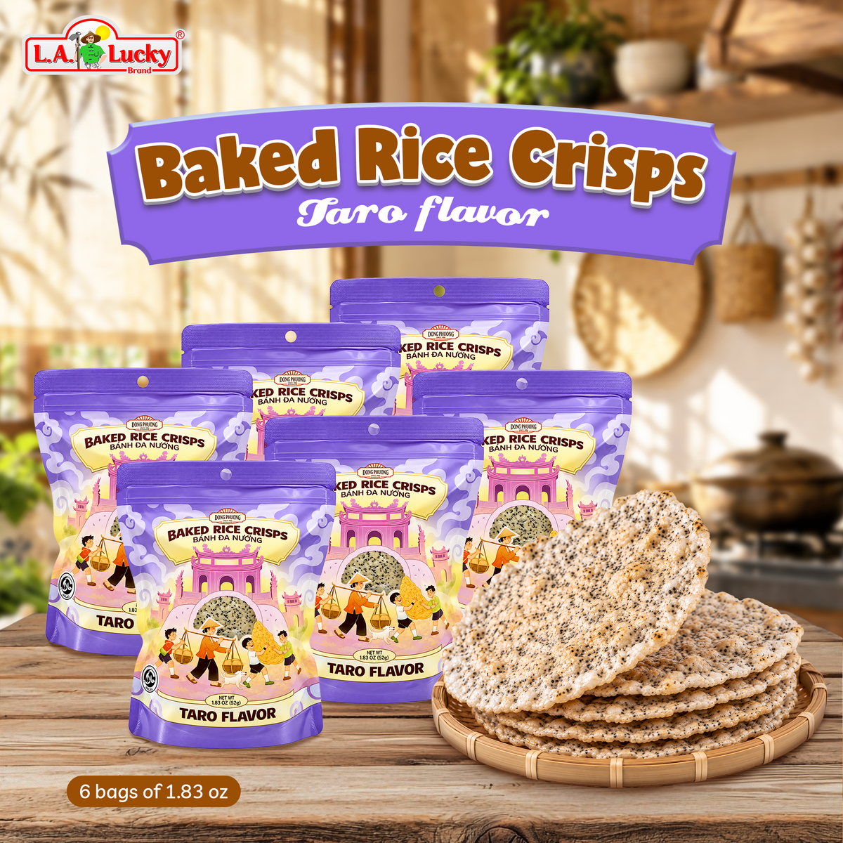 Dong Phuong Taro Baked Rice Crisps, pack of 6