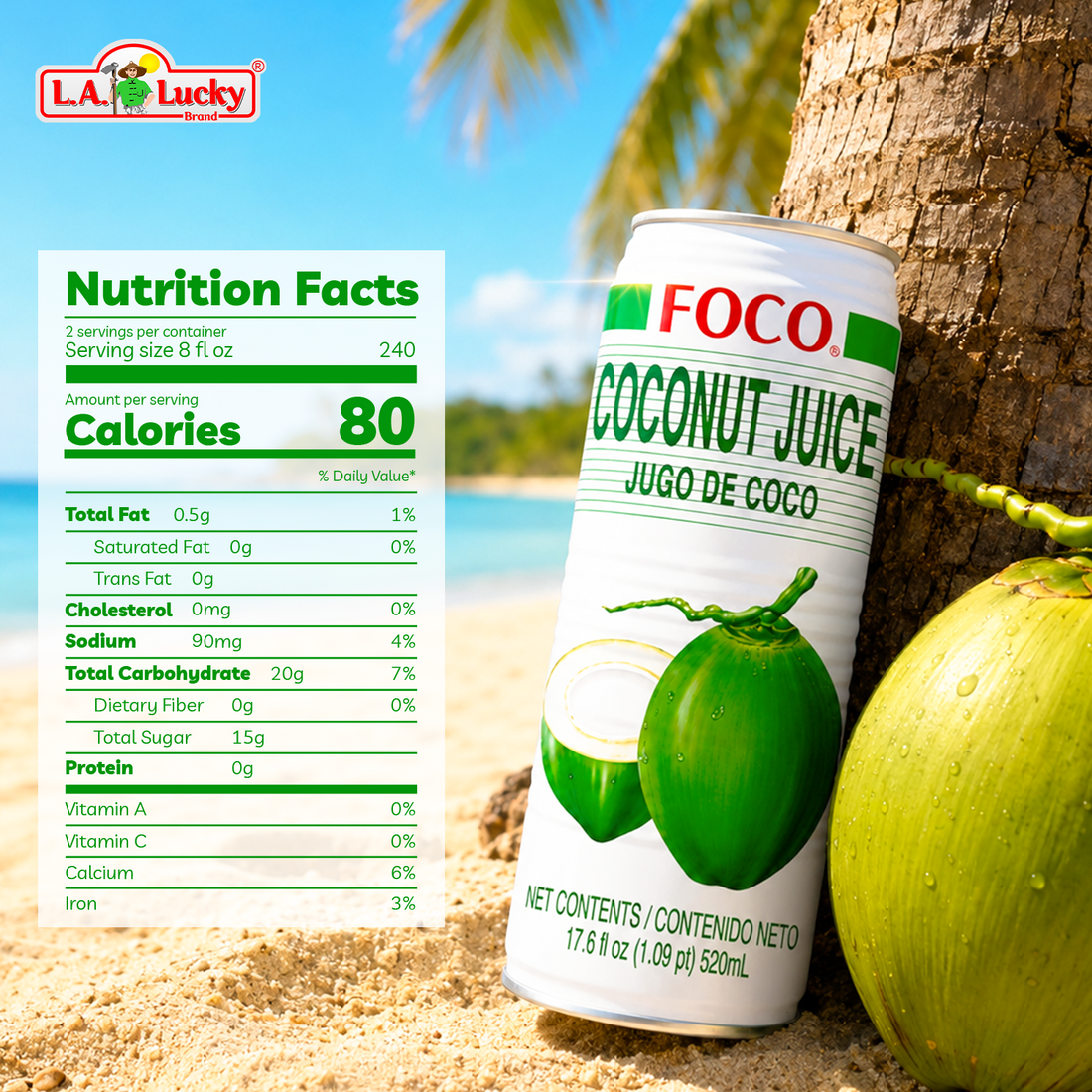 FOCO Coconut Juice with Pulp 520 mL cans, pack of 6