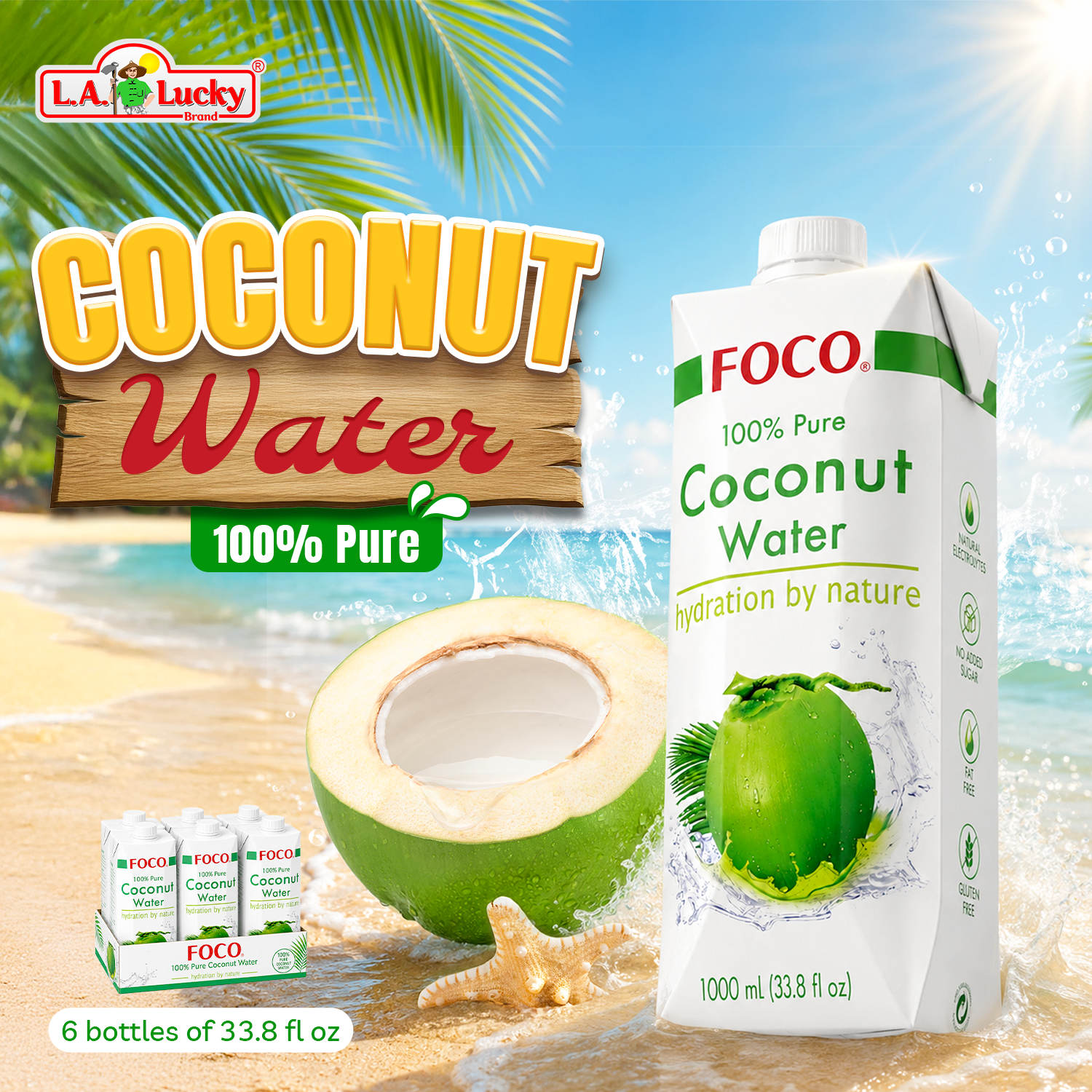 FOCO 100% pure coconut water 1 liter pack of 6