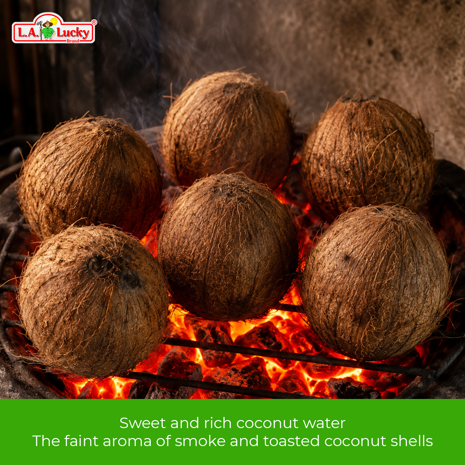 Roasted coconuts used for FOCO Roasted Coconut Juice