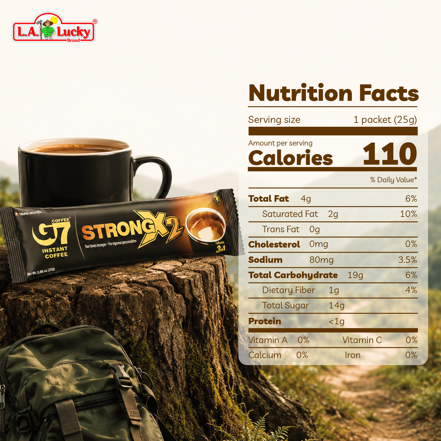 Nutrition facts for G7 Strong X2 3-in-1 instant coffee