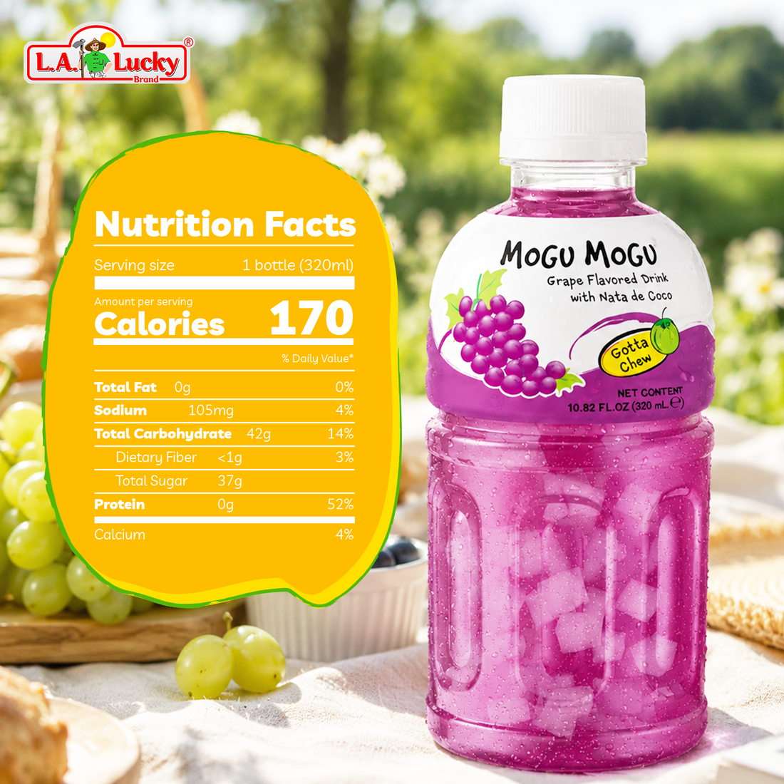 Grape Flavored Drink with Nata de Coco Coconut Jelly, 320ml Bottles