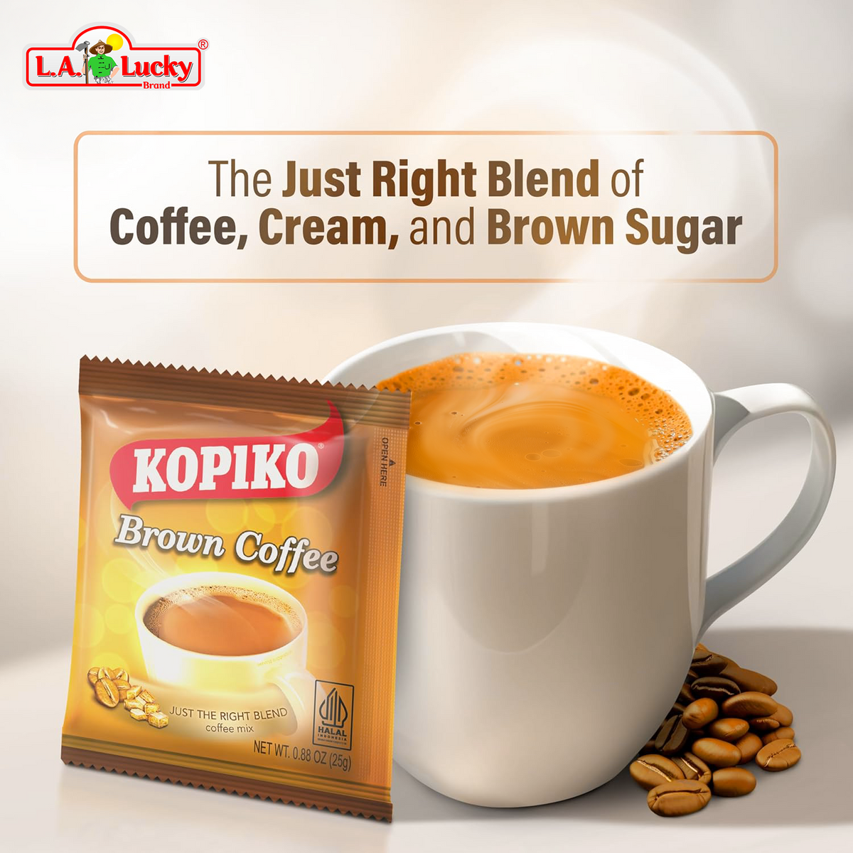 Kopiko Brown Coffee Mix sachet with a creamy coffee cup