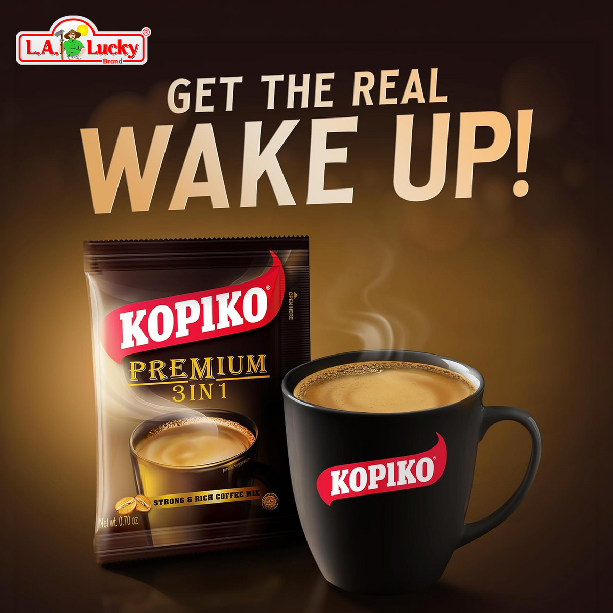 Kopiko Premium 3in1 coffee sachet beside a prepared cup of coffee