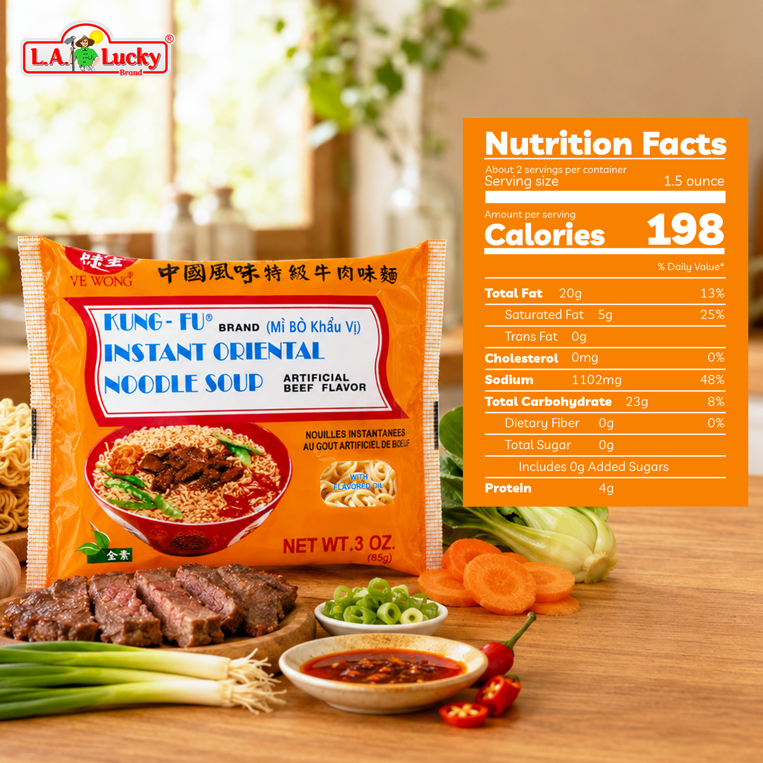 Nutrition Facts for Kung Fu artificial beef flavor instant noodles 85 g
