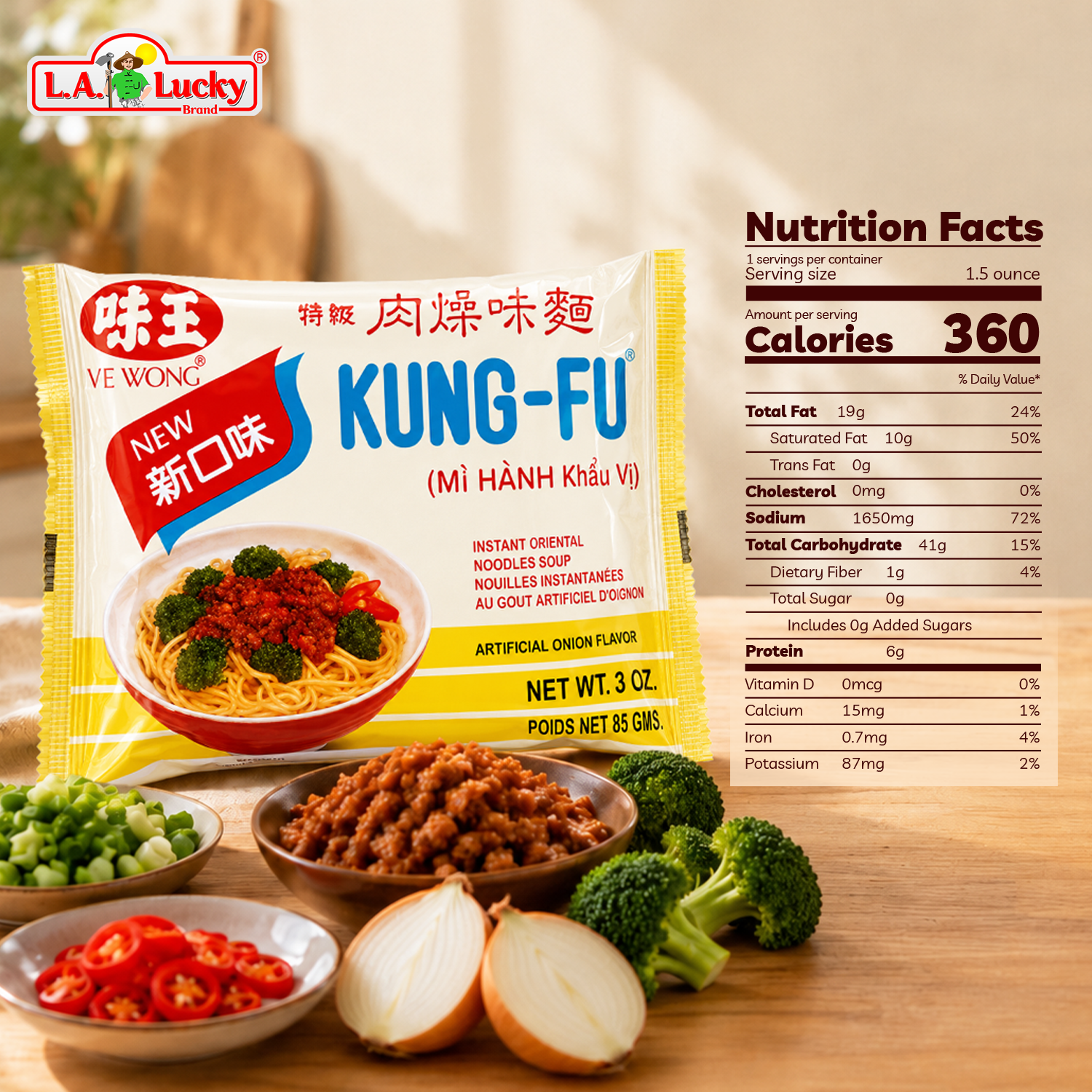 Nutrition Facts for Kung Fu artificial onion flavor instant noodles 85 g