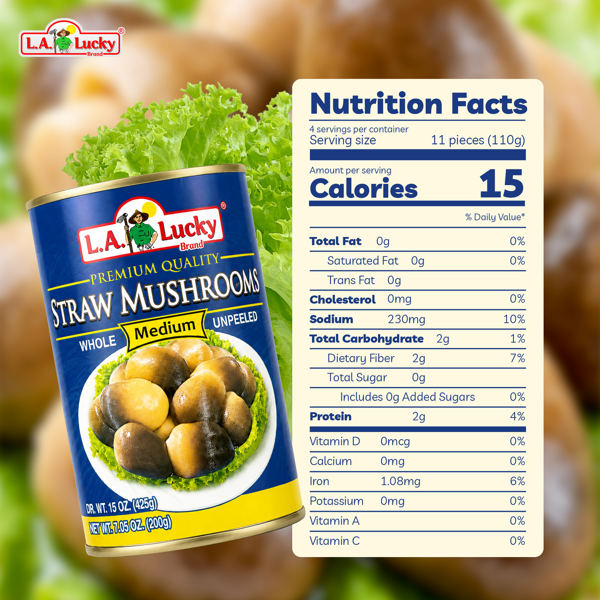 L.A. Lucky Unpeeled Straw Mushrooms nutrition facts panel