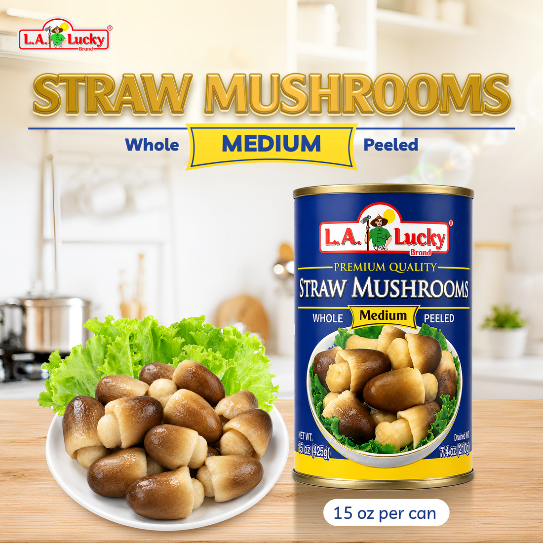 L.A. Lucky Whole Peeled Straw Mushrooms 15 oz can front