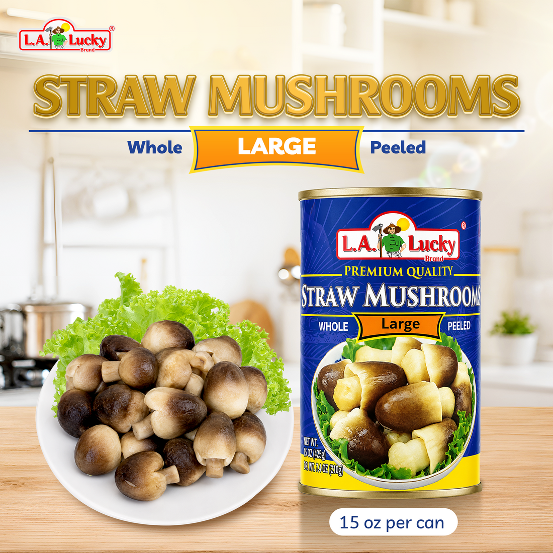 L.A. Lucky Whole Peeled Straw Mushrooms large can front