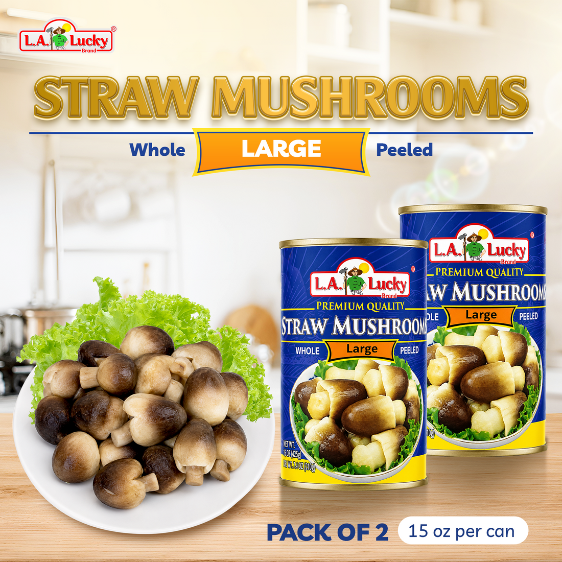 L.A. Lucky Whole Peeled Straw Mushrooms large can front