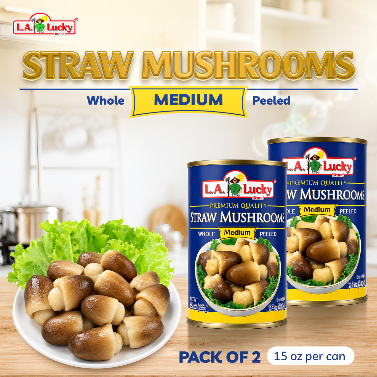 L.A. Lucky Whole Peeled Straw Mushrooms pack of 2, 15 oz cans