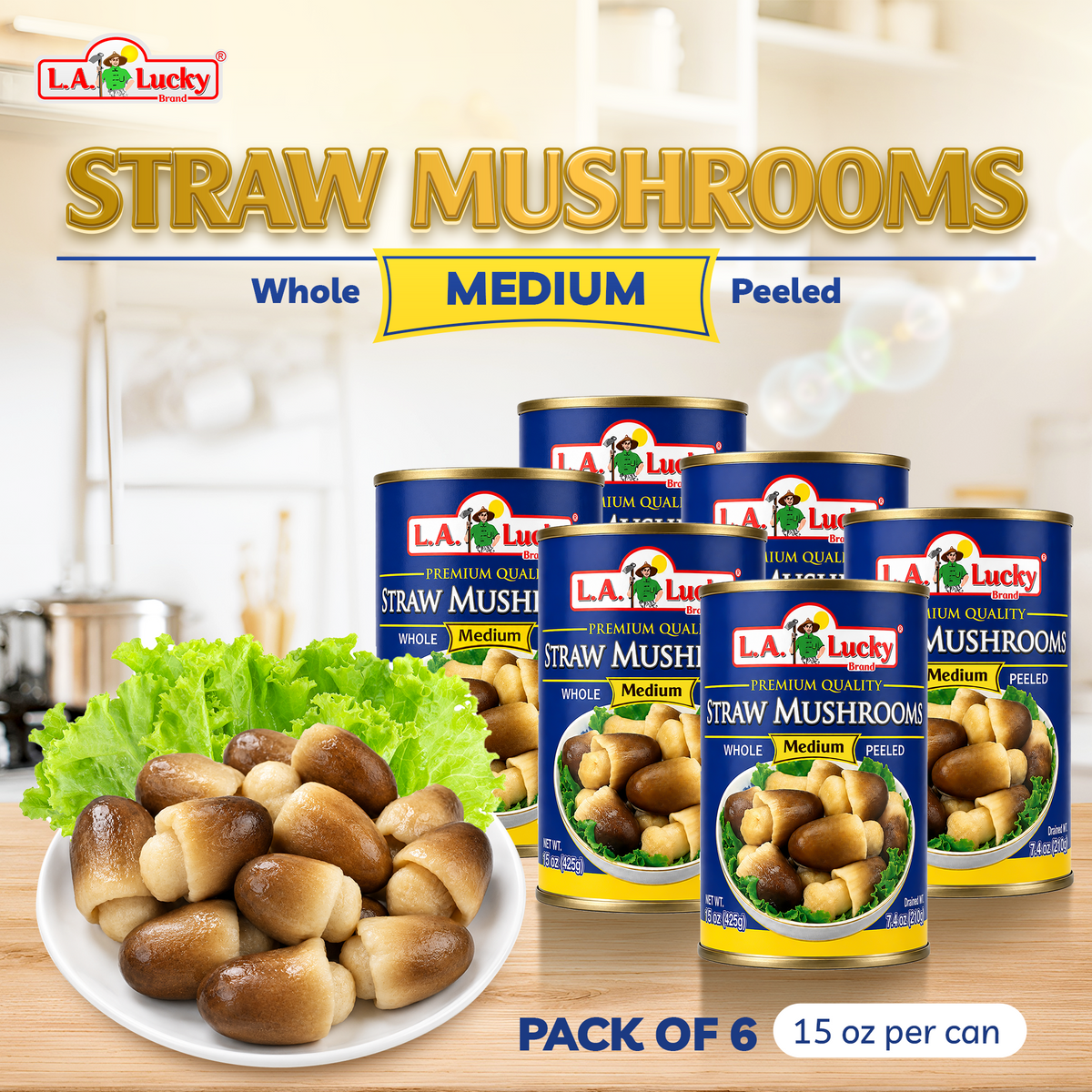 L.A. Lucky Whole Peeled Straw Mushrooms pack of 6, 15 oz cans
