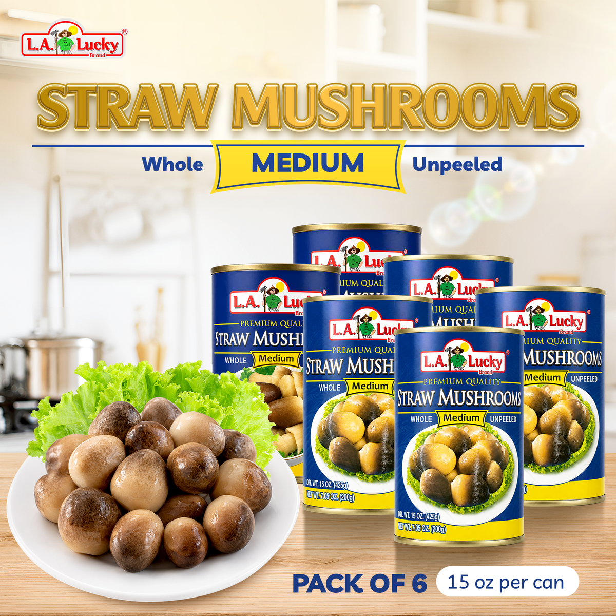 L.A. Lucky Whole Unpeeled Straw Mushrooms pack of 6, 15 oz cans