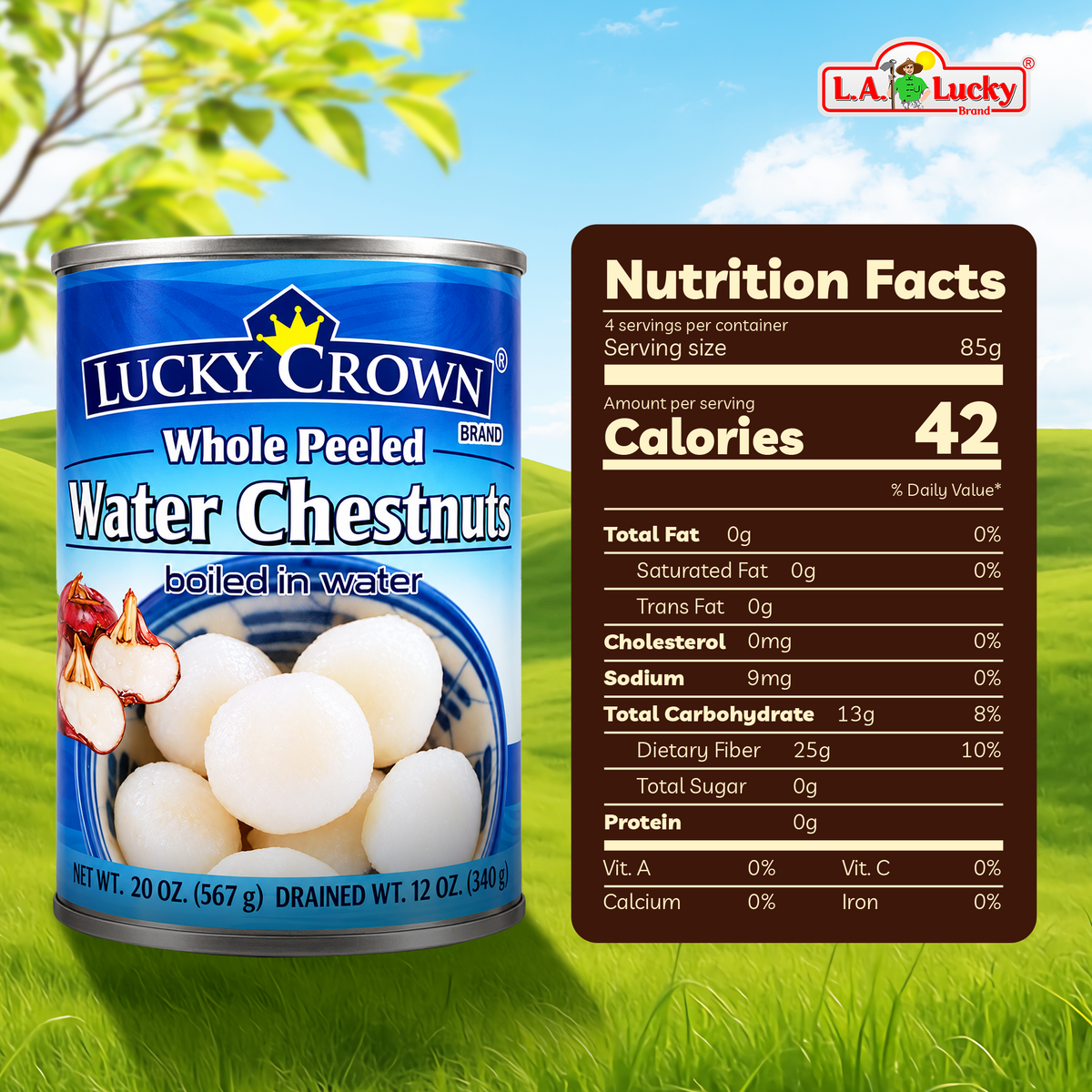 Nutrition information for Lucky Crown Whole Peeled Water Chestnuts